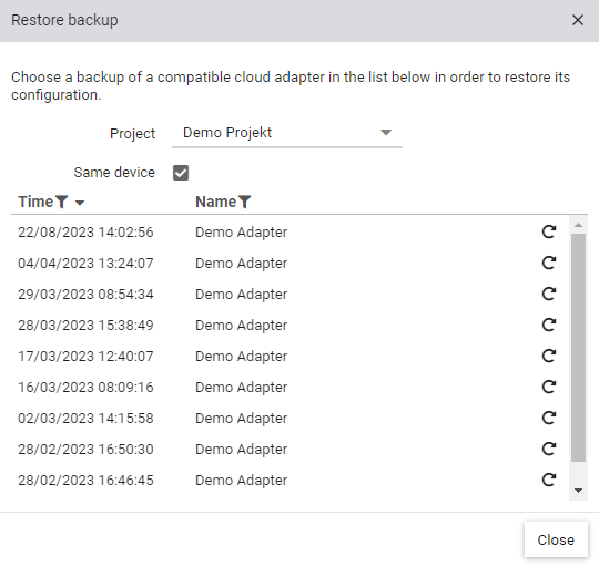 Dialog zur Auswahl einer Sicherung zur Wiederherstellung der Konfiguration eines Cloud Adapters