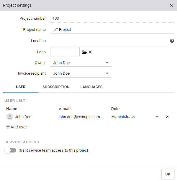 Dialog Projekteinstellungen mit Projektnummer, Projektname, Standort, Logo, Besitzer und Rechnungsempfänger. Reiter Benutzer zum Verwalten der Projektbenutzer, sowie zum Aktivieren des Service-User-Zugriff.